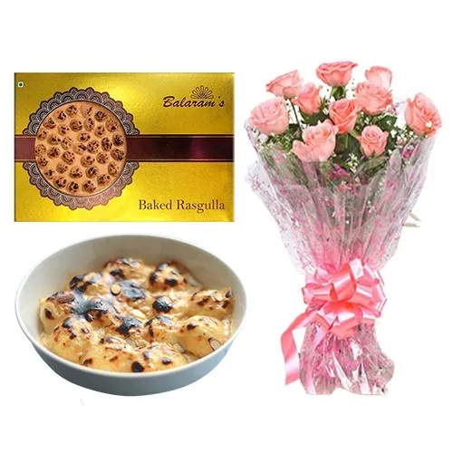 Baked Rasgulla from Balaram Mullick with Pink Rose Bouquet