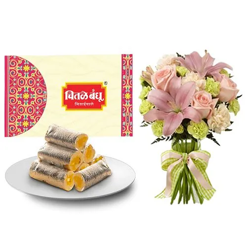 Amba Kaju Roll from Chitale Bandhu Mithaiwale with a Flowers Bouquet