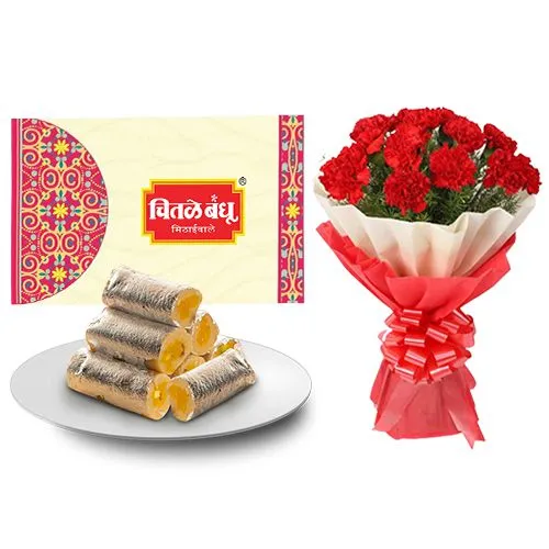 Amba Kaju Roll from Chitale Bandhu Mithaiwale with Red Carnation Tissue Wrapped Bouquet