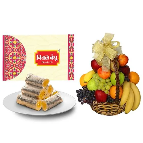 Amba Kaju Roll from Chitale Bandhu Mithaiwale with Fresh Fruit Basket