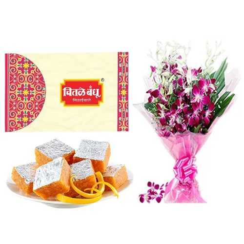 Orange Masti from Chitale Bandhu Mithaiwale with Orchid Bouquet
