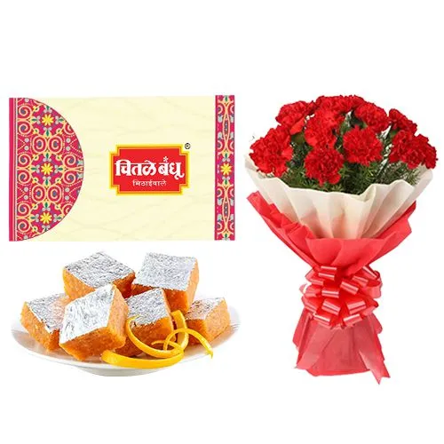Orange Masti from Chitale Bandhu Mithaiwale with Red Carnation Tissue Wrapped Bouquet