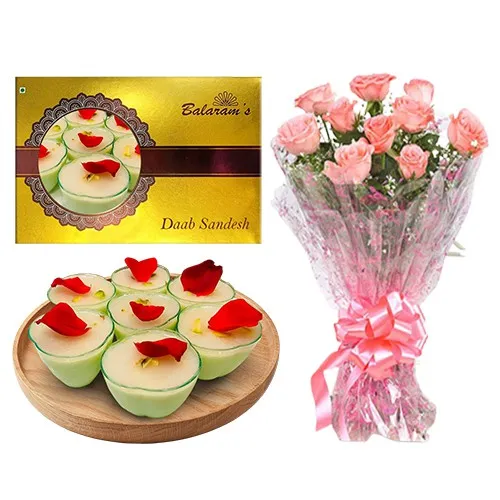 Daab Sandesh from Balaram Mullick with Pink Rose Bouquet