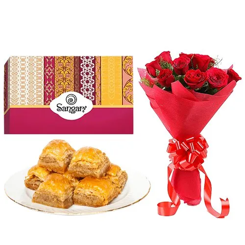 Delightful Combo of Red Roses Bouquet N Baklava from Sangam Sweets