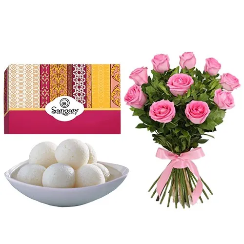 Lovely Combo of Pink Roses Bunch N Rasgolla from Sangam Sweets