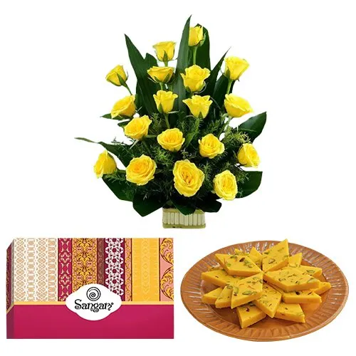 Marvelous Yellow Roses Arrangement with Kesar Kaju Barfi from Sangam Sweets
