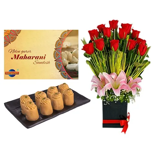 Nolen Gurer Maharani Sandesh from Ganguram with Designer Flower Arrangement