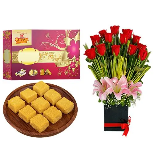 Mango Malai Barfi from Karachi Sweet Mart with a Designer Flower Arrangement