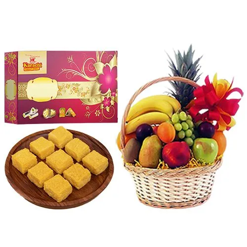 Mango Malai Barfi from Karachi Sweet Mart with Fresh Fruit Basket