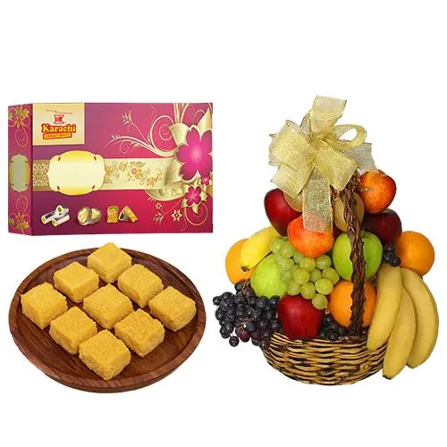 Mango Malai Barfi from Karachi Sweet Mart with Fresh Fruit Basket