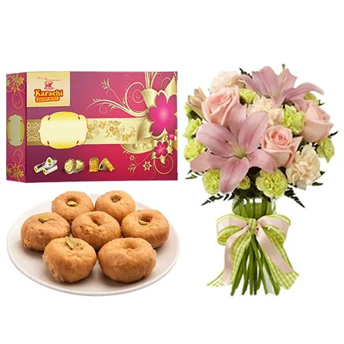 Balushahi from Karachi Sweet Mart with a Mixed Flowers Bouquet