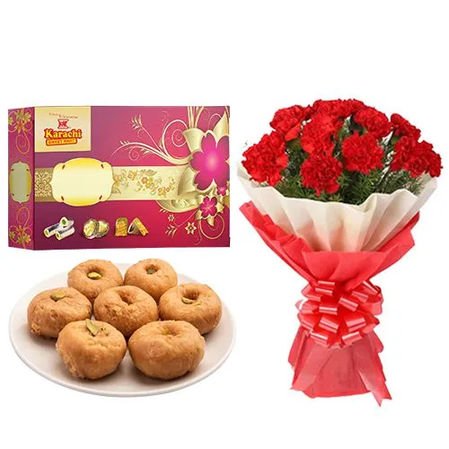 Balushahi from Karachi Sweet Mart with Red Carnation Tissue Wrapped Bouquet