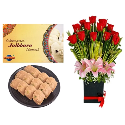Nolen Gurer Jalbhara Sandesh from Ganguram with Designer Flower Arrangement