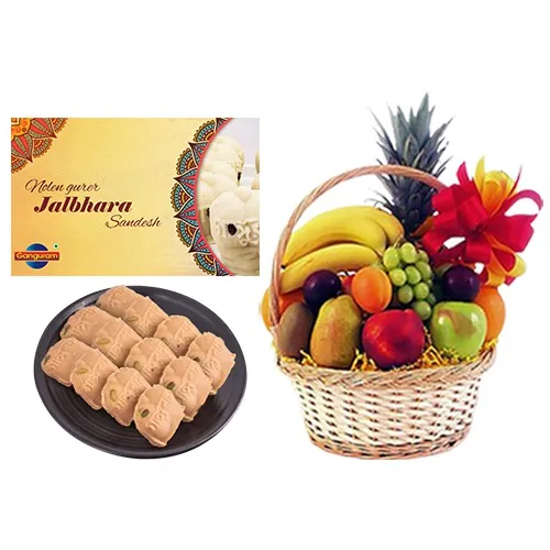 Nolen Gurer Jalbhara Sandesh from Ganguram with Fresh Fruit Basket