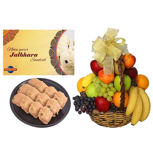 Nolen Gurer Jalbhara Sandesh from Ganguram with Fresh Fruit Basket