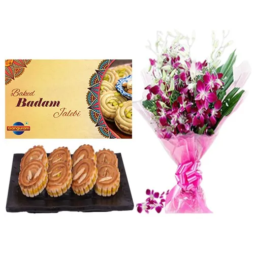 Baked Badam Jalebi from Ganguram with Orchid Bouquet