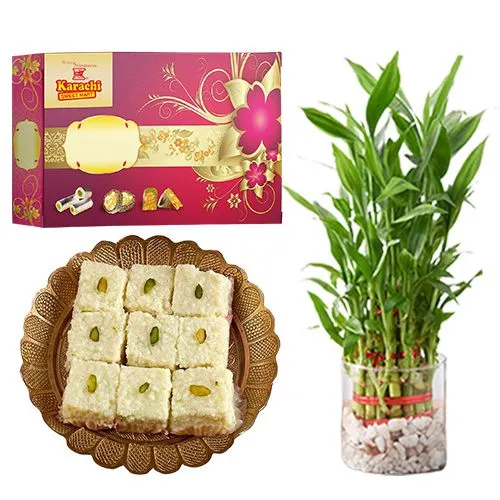 Malai Barfi from Karachi Sweet Mart with 3 Tier Lucky Bamboo  Plant