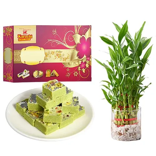 Pista Barfi from Karachi Sweet Mart with 3 Tier Lucky Bamboo Plant