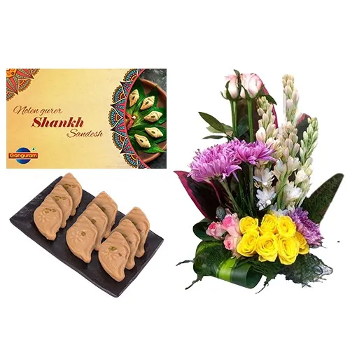 Nolen Gurer Shankh Sandesh from Ganguram with Mixed Flower Arrangement