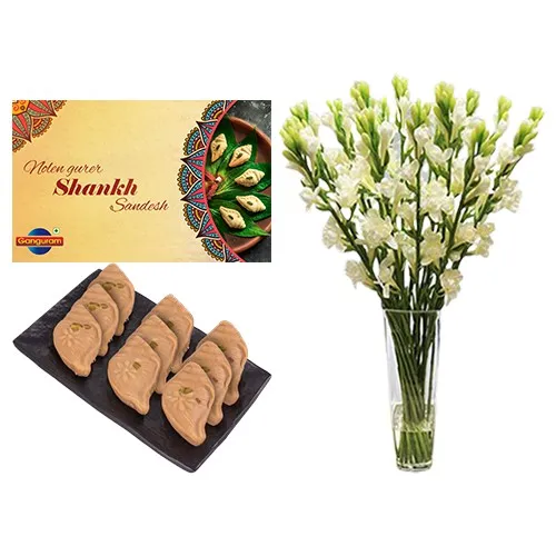 Nolen Gurer Shankh Sandesh from Ganguram with Rajnigandha Stems