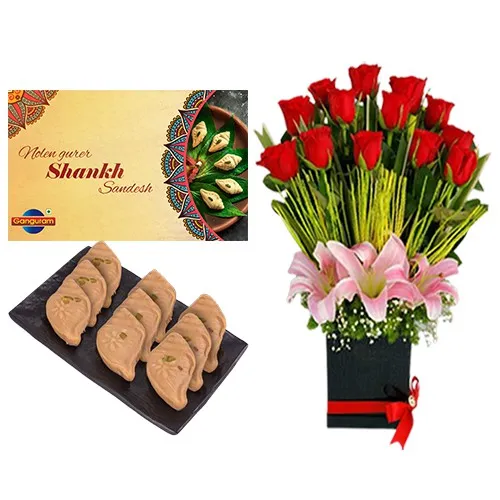 Nolen Gurer Shankh Sandesh from Ganguram with Designer Flower Arrangement