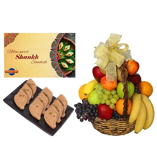 Nolen Gurer Shankh Sandesh from Ganguram with Fresh Fruit Basket