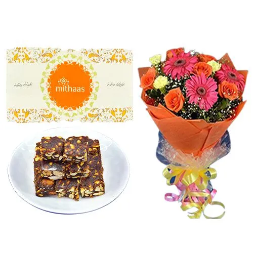 Dry Fruits Barfi from Mithas Delicious Sweets with Seasonal Flower Bouquet