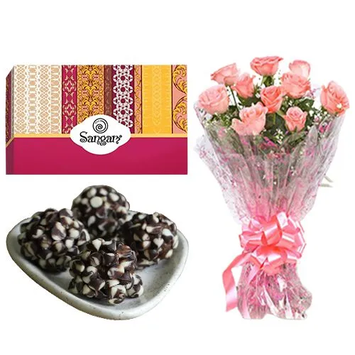 Kaju Chocotwin from Sangam Sweets with Pink Rose Bouquet