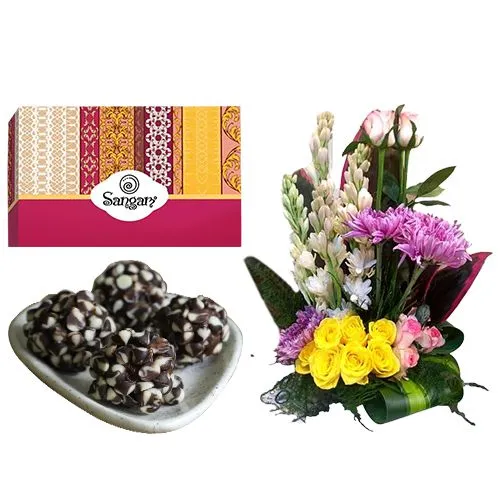 Kaju Chocotwin from Sangam Sweets with a Mixed Flower Arrangement