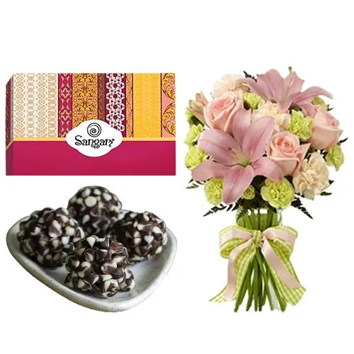 Kaju Chocotwin from Sangam Sweets with Flowers Bouquet