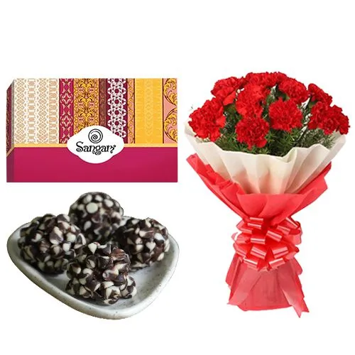 Kaju Chocotwin from Sangam Sweets with Red Carnation Tissue Wrapped Bouquet