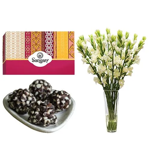 Kaju Chocotwin from Sangam Sweets with Rajnigandha Stems in a Glass Vase
