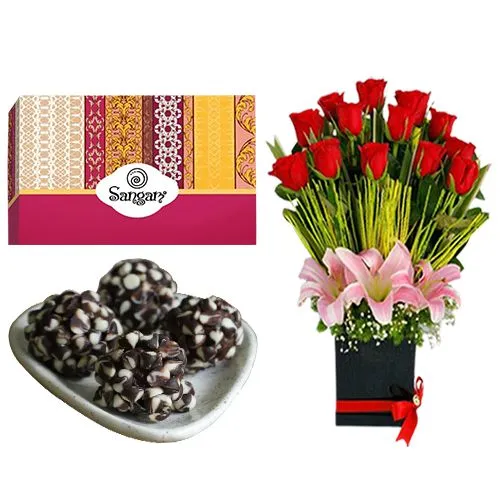 Kaju Chocotwin from Sangam Sweets with a Designer Flower Arrangement