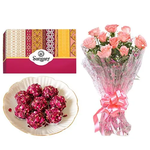 Kaju Rose Laddu from Sangam Sweets with Pink Rose Bouquet	