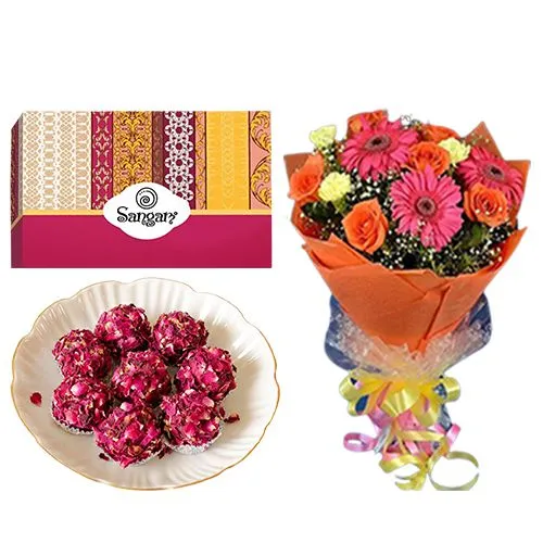 Kaju Rose Laddu from Sangam Sweets with Seasonal Flower Bouquet