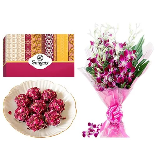 Kaju Rose Laddu from Sangam Sweets with Orchid Bouquet	