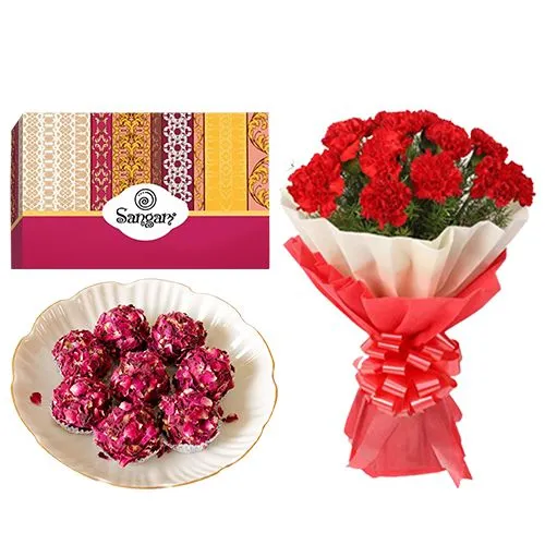 Kaju Rose Laddu from Sangam Sweets with Red Carnation Tissue Wrapped Bouquet