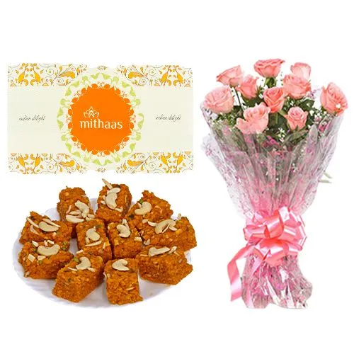 Akhrot Barfi from Mithas Delicious Sweets with Pink Rose Bouquet
