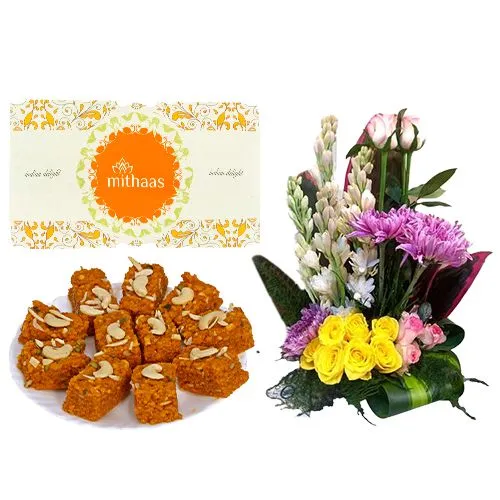 Akhrot Barfi from Mithas Delicious Sweets with Mixed Flower Arrangement
