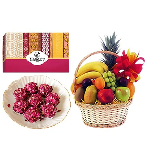 Kaju Rose Laddu from Sangam Sweets with Fresh Fruit Basket