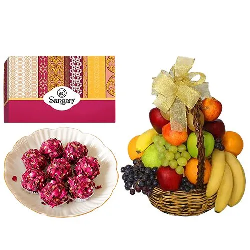 Kaju Rose Laddu from Sangam Sweets with Fresh Fruit Basket