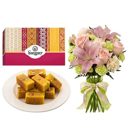 Mysore Pak from Sangam Sweets with a Flowers Bouquet