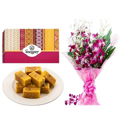 Mysore Pak from Sangam Sweets with Orchid Bouquet