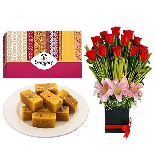 Mysore Pak from Sangam Sweets with a Designer Flower Arrangement