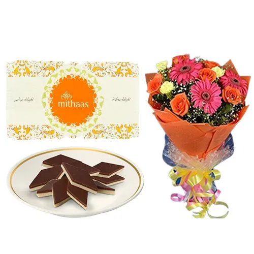 Chocolate Katli from Mithas Delicious Sweets with Seasonal Flower Bouquet