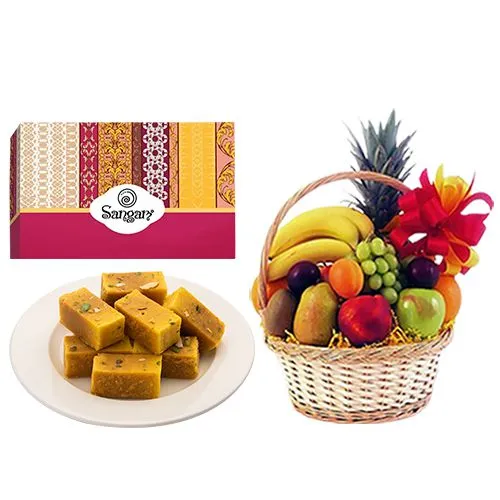 Mysore Pak from Sangam Sweets with Fresh Fruit Basket