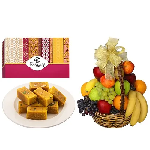 Mysore Pak from Sangam Sweets with Fresh Fruit Basket