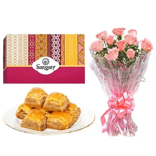 Desi Baklava from Sangam Sweets with Pink Rose Bouquet