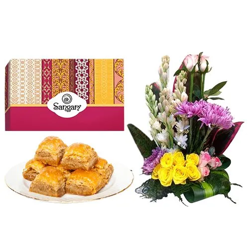 Desi Baklava from Sangam Sweets with a Mixed Flower Arrangement