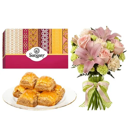 Desi Baklava from Sangam Sweets with a Flowers Bouquet